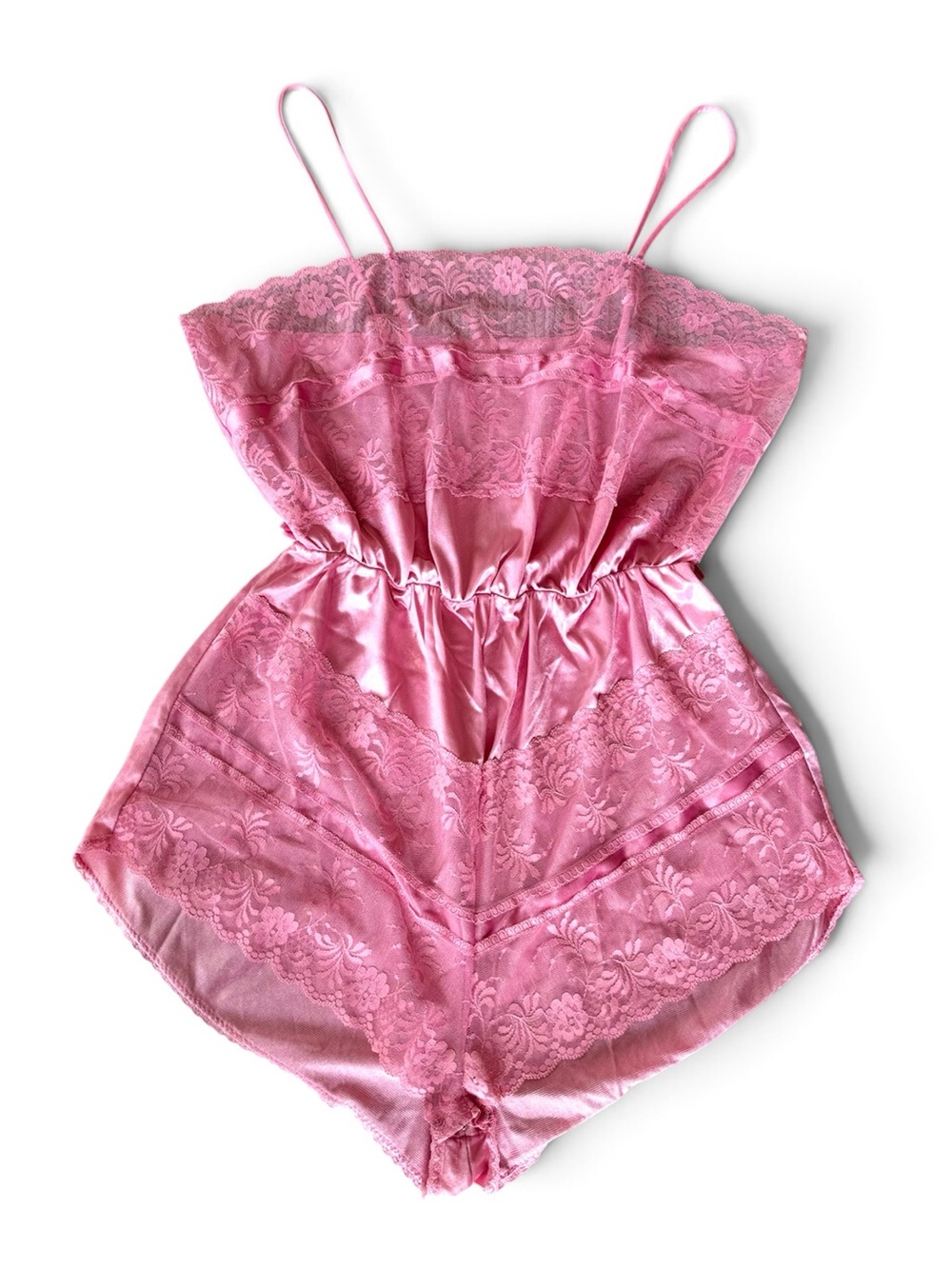 Vintage Texsheen Rose Pink Lace Trim Satin Chemise Romper Playsuit Bodysuit Sz S